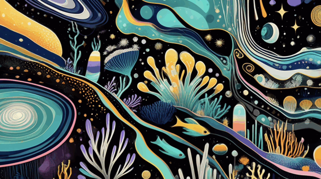 A river flowing toward a radiant sun under a cosmic sky, symbolizing the unity of self and source.